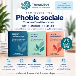 May include: A clinical kit for social phobia featuring three books in blue, light green, and peach. The covers display the text TheraMind, Protocole TCC, Phobie sociale, and Kit clinique complet. A circular badge indicates 85 pages and 3 PDF files.