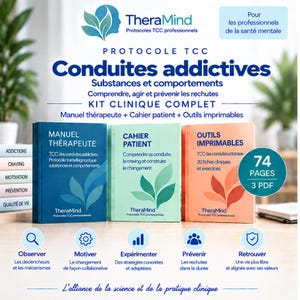 May include: A clinical kit for addictive behaviors featuring three books titled Manuel Thérapeute, Cahier Patient, and Outils Imprimables. The set includes 74 pages across 3 PDFs, with blue, light green, and orange covers, plus five icons for clinical practice.