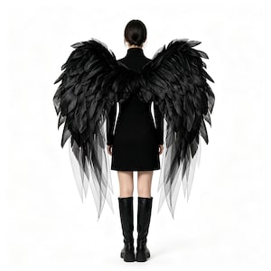 May include: Large black feathered wings featuring layered plumage and sheer fabric accents extending from the base. The wings are attached to a black long-sleeved dress worn with black knee-high boots, creating a dark, expansive silhouette.