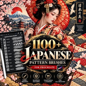 Peut inclure: Une publicité pour un produit numérique comprenant 1100+ pinceaux à motifs japonais pour Procreate. L'image montre une personne en kimono rouge tenant une ombrelle rouge, une tablette affichant des motifs, des cerisiers et le mont Fuji.