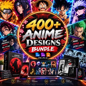 Pode incluir: Uma coleção digital intitulada 400+ Anime Designs Bundle apresentando várias ilustrações de personagens de anime, incluindo Naruto, Luffy, Goku e Gojo. O conjunto inclui um laptop, smartphone e tablet exibindo arquivos gráficos nos formatos PNG, JPG e Ai.