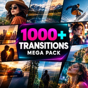 May include: A digital graphic display featuring the text 1000+ TRANSITIONS MEGA PACK in bold white and pink lettering, surrounded by a collage of various photographic scenes including landscapes, cityscapes, and people in motion.