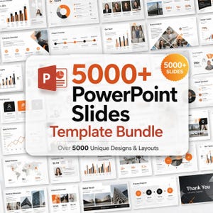 以下が含まれることがあります： オレンジと黒のアクセントカラーを使用した5000枚以上のPowerPointスライドテンプレートバンドル。中央のグラフィックには「5000+ PowerPoint Slides Template Bundle」および「Over 5000 Unique Designs & Layouts」というテキストが表示され、周囲にはグラフ、地図、チーム写真などが含まれる様々なスライドのプレビューが配置されています。