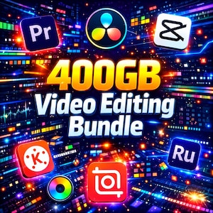 May include: A digital graphic featuring the text 400GB Video Editing Bundle in bold yellow and white letters. The background displays a dark, neon-lit abstract grid with various software icons including Pr, CapCut, Kinemaster, and Adobe Premiere Rush.