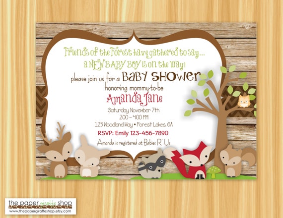 woodland friends baby shower invitations