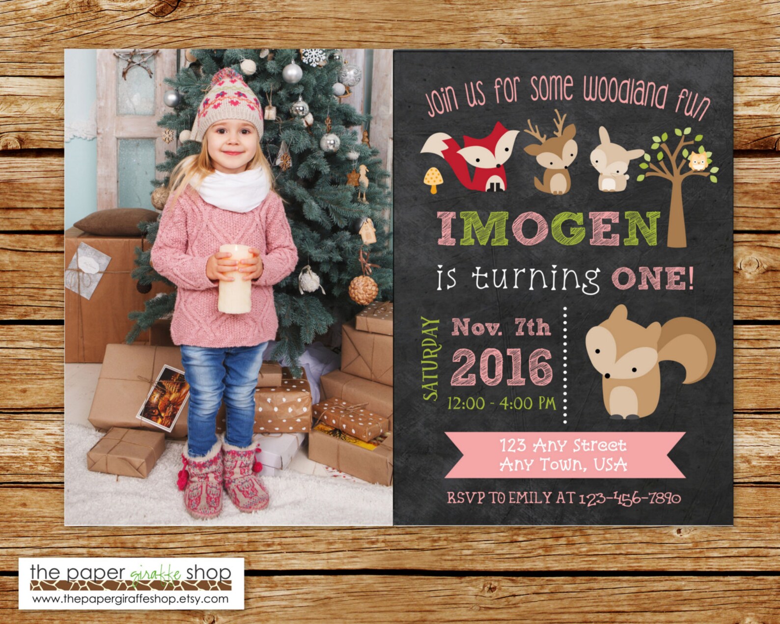 Woodland Invitation Woodland Creatures Pink & Green Etsy