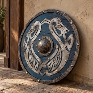 May include: A circular wooden shield featuring a dark blue finish and a central metal boss. The surface is adorned with two symmetrical silver-toned metal dragon motifs with red accents, secured by small metal rivets along the outer rim and frame.