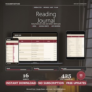 Reading Journal, Excel & Google Sheets, Book Log, TBR Wishlist, Series Tracker, Interactive HTML