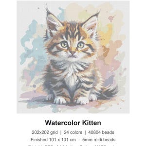 Watercolor Kitten Perler Bead Pattern Cat 2 Sizes Printable PDF