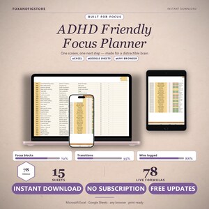 ADHD-Friendly Focus Planner, Body Doubling, Pomodoro, Mood Tracker (Excel Template)