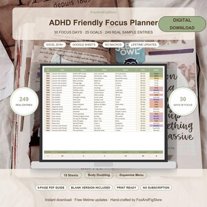 ADHD Planner Excel Template, Body Doubling, Pomodoro Timer, Task Breakdown, Mood Tracker, 15 Sheets