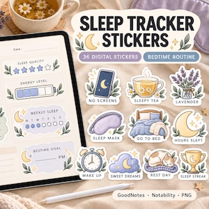 May include: A digital sleep tracker planner page and 36 individual digital stickers featuring illustrations of a moon, tea cup, lavender, sleep mask, bed, alarm clock, and cat, with text including SLEEP TRACKER STICKERS and BEDTIME ROUTINE.
