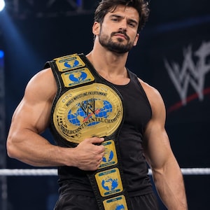 May include: A black tank top worn with a World Wrestling Entertainment Intercontinental Champion belt featuring a large gold center plate with a blue globe map and smaller gold plates depicting various continents on a black leather strap.