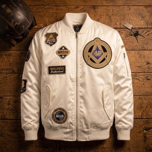 Puede incluir: Una chaqueta bomber blanca con varios parches bordados, incluyendo un gran emblema masónico circular con las letras HMR, un parche en forma de escudo con un ojo, un parche de diamante con la palabra MASON y un parche rectangular que dice Worldwide Brotherhood.