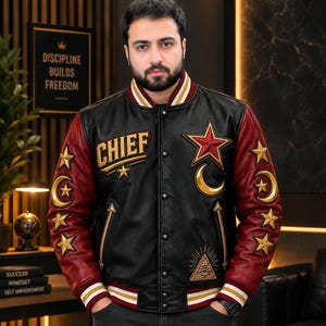 Maßgefertigte Moorish Science BPSN Leder-Briefjacke im College-Stil für Herren