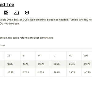 May include: Image showing an oversized tee shirt with washing instructions and a size chart. The chart displays measurements in inches for width and length, ranging from XS to 3XL.
