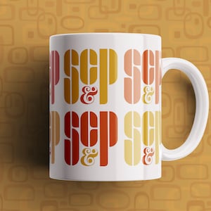 May include: White ceramic mug with a repeating pattern of the text "& SCP" in orange, red, and yellow.