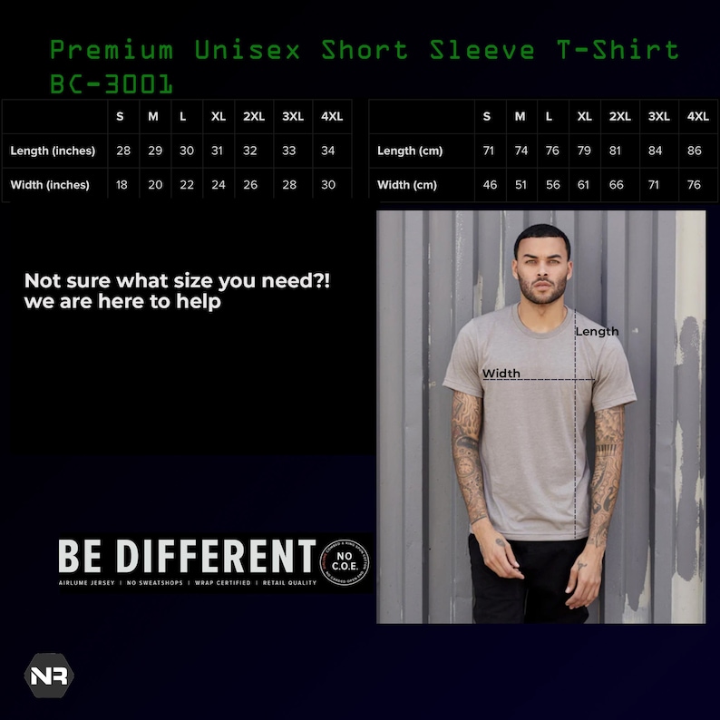 May include: A man wearing a heather grey short-sleeve t-shirt. The image includes a size chart with measurements in inches and centimetres for the shirt's length and width, ranging from S to 4XL. The text "BE DIFFERENT" is also visible.