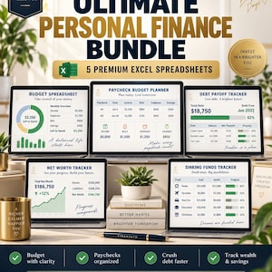 Puede incluir: El Ultimate Personal Finance Bundle incluye cinco hojas de cálculo de Excel premium mostradas en pantallas de portátiles. El producto digital contiene un presupuesto, un planificador de nómina, un rastreador de deudas, patrimonio y fondos de ahorro.