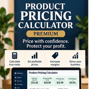 May include: A digital product pricing calculator displayed on a laptop screen, featuring a dashboard with cost breakdown charts, profit margins, and unit pricing. The interface includes text labels for calculating costs, setting prices, and growing business.