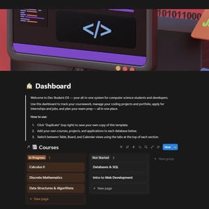 May include: A digital dashboard interface titled Dev Student OS featuring a dark theme with a header displaying code icons for PHP and JS. The layout includes a section for Courses with columns for In Progress and Not Started tasks.