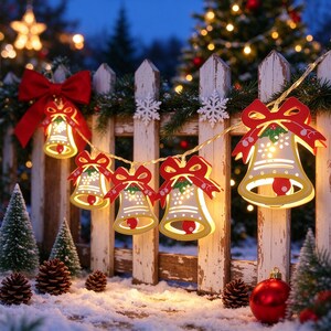 Peut inclure: Une guirlande lumineuse décorative de Noël composée d'ornements en forme de cloches blanches et jaunes, surmontés de nœuds rouges et de houx vert. Chaque cloche est éclairée de l'intérieur, diffusant une lueur chaude sur la clôture en bois.