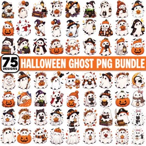 Könnte beinhalten: Eine digitale Sammlung von 75 Halloween-Geister-Illustrationen mit verschiedenen Charakteren in weißen Laken, Kürbissen, Hexenhüten, Büchern, Katzen und Laternen. Der zentrale Text lautet 75 HALLOWEEN GHOST PNG BUNDLE in fetten weißen Buchstaben.