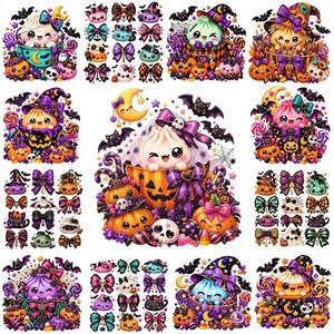 Peut inclure: Une collection d'autocollants sur le thème d'Halloween représentant des personnages mignons dans des citrouilles, des chauves-souris, des crânes et des nœuds. Les motifs incluent des couleurs vives violettes, orange et sarcelle.