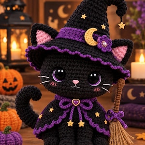 Può includere: Una statuetta di gatto lavorata all'uncinetto di colore nero che indossa un cappello da strega viola e nero con una mezzaluna gialla e stelle. Il gatto indossa un mantello viola e nero abbinato con una chiusura a cuore e tiene una scopa.