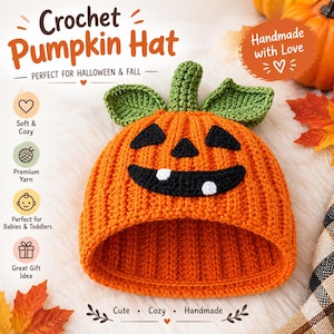 Può includere: Un cappello all'uncinetto color arancione brillante a forma di zucca con un gambo verde e due foglie verdi sulla parte superiore. Il cappello presenta un volto nero da zucca di Halloween con due occhi triangolari e una bocca curva con due denti.