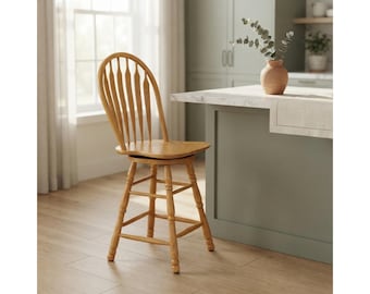 Counter Stool, 24" Swivel Wooden Bar Stool, Light Oak Rubberwood Windsor Arrowback