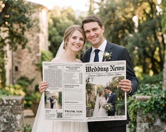 ヴィンテージ風ウェディング新聞テンプレート｜2ページ折りの編集可能なCanvaテンプレート｜白黒ウェディング印刷物｜新婚旅行日程表