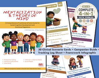 Puede incluir: Un recurso educativo digital titulado Mentalization & Theory of Mind con seis niños de dibujos animados en la portada. El conjunto incluye 30 tarjetas de escenarios clínicos, una guía complementaria, un registro y una infografía.