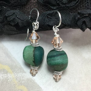 Truthfulness - Swarovski Crystal Peach Agate Stone Sterling Silver Earrings/Healing/Spiritual/Zen/Mala/Feng Shui/Green Agate Stone Earrings