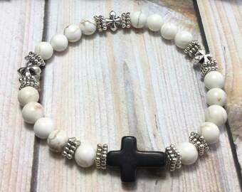 Healing - Healing Howlite Bracelets/Healing Howlite Bracelets/Stone Cross Bracelets/Spiritual Howlite Bracelets/Turquoise Cross Bracelets