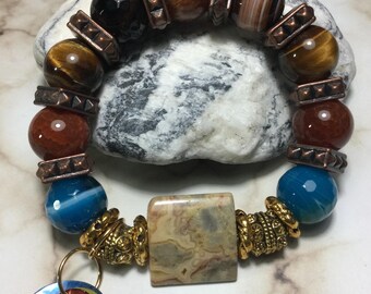 Healing/Spiritual Stone Bracelet/Zen/Mala/Bohemian/Banded Onyx/Stone Bracelet/Crazy/Sapphire Banded/Fire Agate Stones/Mussel Shell Charms