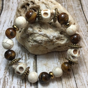 Peace - Healing Tigerseye Bracelets/Mens/Unisex Tigers Eye Bracelets/Bracelets/Howlite Skull Bracelets/Mens Skull Bracelets