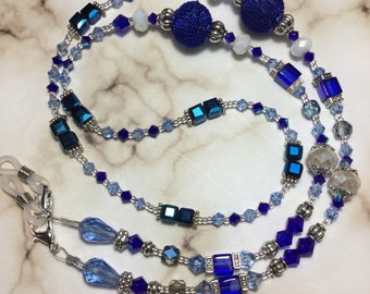 Healing - Swarovski/Glass Crystal Eyeglass Holder/Mask/Badge/Lanyard/Spiritual/Meditation/Chain/Necklace Holder/Dark/Light Blue Necklace