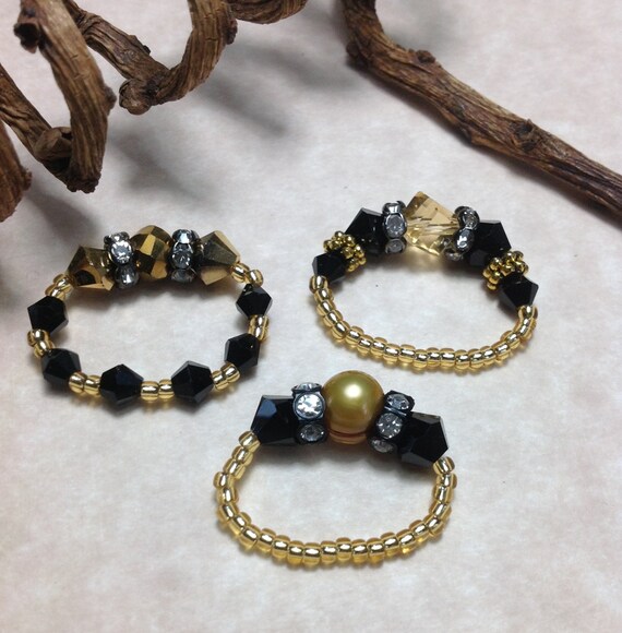 Swarovski Crystal Pearl Stretch Rings Black Crystal Ring Gold Black Stretch Ring Gold Stretch Ring
