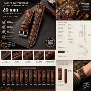 Könnte beinhalten: Ein digitales Schnittmuster für ein braunes Leder-Uhrenarmband mit 12 Sternzeichen-Motiven, 20 mm Breite, inklusive technischer Daten: 120 mm langes Band, 75 mm kurzes Band, 18 mm Schließenbreite, 2,0 mm Lochdurchmesser und 3,5 mm Stichabstand.
