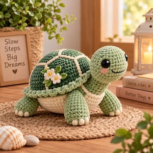 May include: A crochet turtle toy featuring a dark green shell with white grid lines and small white flowers with green leaves. The turtle has a light green head, limbs, and a cream-coloured underside, with large black eyes and pink cheeks.