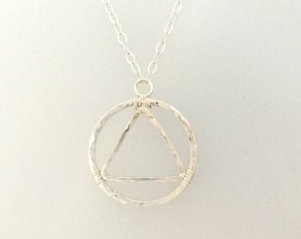 Sterling Silver Hammered AA Symbol Pendant Sobriety Pendant Necklace