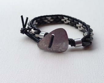 Men's Black and Silver Hex Nut Bracelet Stainless With Steel Guitar Pick