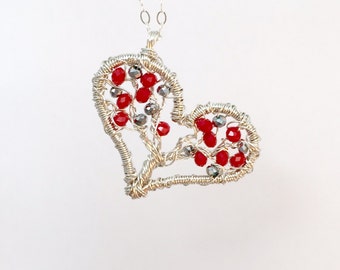 Red and Silver Crystals Sterling Silver Wire Wrapped Heart Tree Of Life Necklace