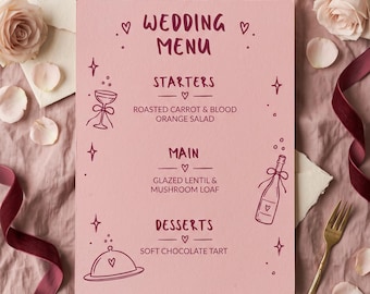 Bruiloft Menukaart Template, Bewerkbaar Trouwmenu in Roze en Bordeaux, Handgetekend Menu met Champagne, Canva Printable