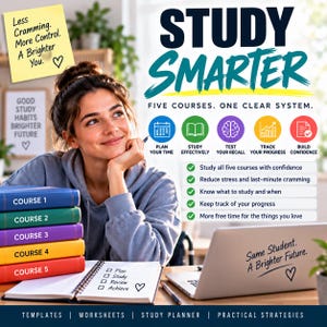 May include: A digital study system advertisement featuring the text Study Smarter, Five Courses. One Clear System. It includes five coloured books labelled Course 1 through 5, a notebook with a checklist, and a laptop with the text Same Student. A Brighter Future.