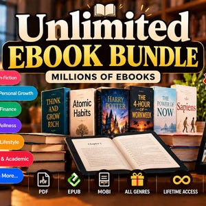Op de afbeelding: Een advertentie voor een onbeperkte e-bookbundel met een stapel boeken, een open boek en een tablet met e-bookcovers. De tekst bevat "Unlimited Ebook Bundle", "Millions of Ebooks", "Instant Download" en diverse categorieën.