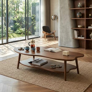 May include: A kidney-shaped wooden coffee table with a lower shelf, featuring a dark brown finish. The top surface holds a glass French press, three ceramic mugs, a small book, and a white bubble candle. The lower shelf holds a magazine.