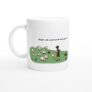 May include: A white ceramic mug featuring a cartoon illustration of a person in traditional clothing standing in a green field with a flock of white sheep and one brown sheep. The text reads, Alright, who messed up the color space?
