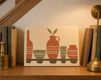 Pottery Still Life Print on Wood Wall Art, Horizontal Maple Panel, Linocut Style Folk Wood Wall Art, Ready to Hang